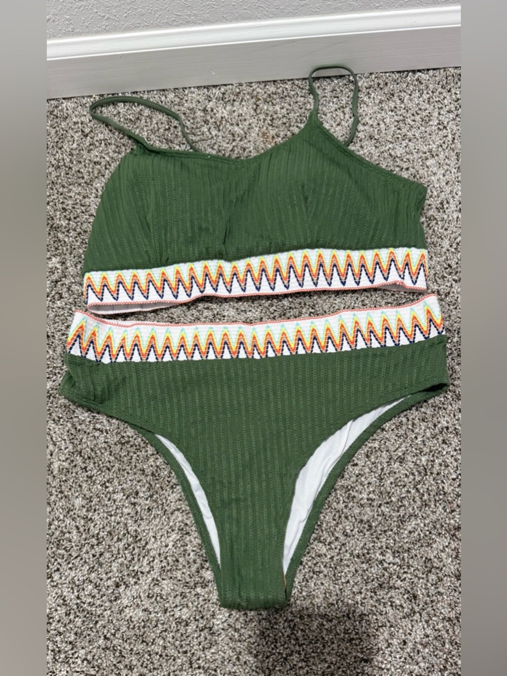 Green Ribbed Two-Piece Bikini with Chevron Trim - Size XL - Picture 2 of 6